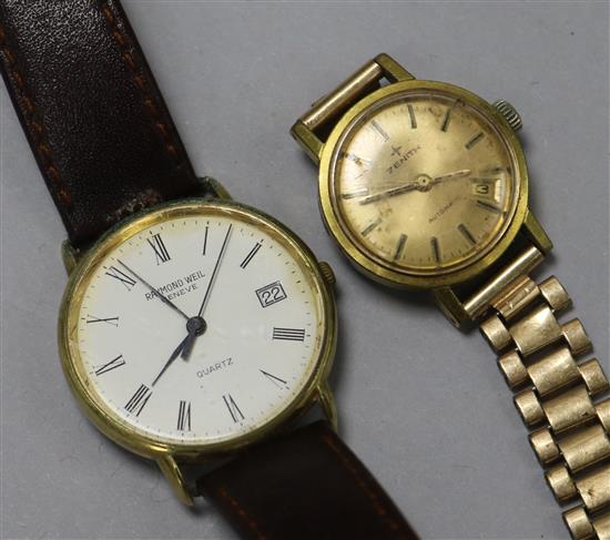 A quartz wristwatch, Raymond Weil, Geneve, number 9101, on leather strap and a ladys Zenith wristwatch.